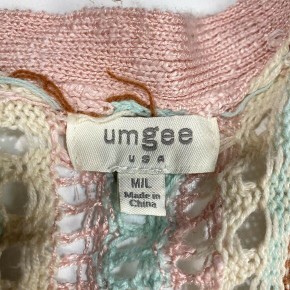 Umgee Poncho Sz Med/Large Pink Blue Brown Boho Open Knit Sweater Cardigan Drape - Picture 7 of 11